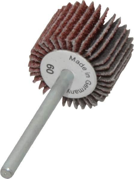 Value Collection - 3/4" Diam x 5/8" Face Width, Medium Aluminum Oxide Coated Mounted Flap Wheel - 1/8" Shank Mount, 60 Grit, X Weighted Cloth Backing, 35,000 Max RPM - Exact Tooling
