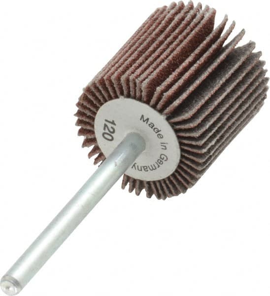 Value Collection - 3/4" Diam x 3/4" Face Width, Fine Aluminum Oxide Coated Mounted Flap Wheel - 1/8" Shank Mount, 120 Grit, X Weighted Cloth Backing, 35,000 Max RPM - Exact Tooling