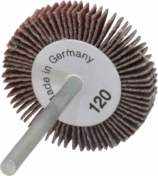 Value Collection - 1-3/16" Diam x 3/16" Face Width, Fine Aluminum Oxide Coated Mounted Flap Wheel - 1/8" Shank Mount, 120 Grit, X Weighted Cloth Backing, 30,000 Max RPM - Exact Tooling