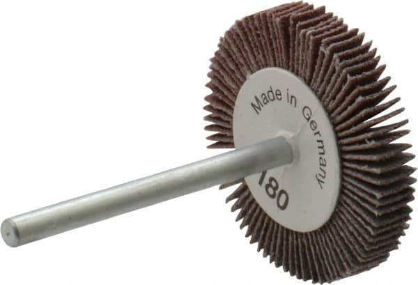 Value Collection - 1-3/16" Diam x 3/16" Face Width, Very Fine Aluminum Oxide Coated Mounted Flap Wheel - 1/8" Shank Mount, 180 Grit, X Weighted Cloth Backing, 30,000 Max RPM - Exact Tooling