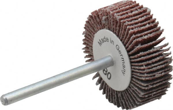 Value Collection - 1-3/16" Diam x 3/8" Face Width, Medium Aluminum Oxide Coated Mounted Flap Wheel - 1/8" Shank Mount, 80 Grit, X Weighted Cloth Backing, 30,000 Max RPM - Exact Tooling