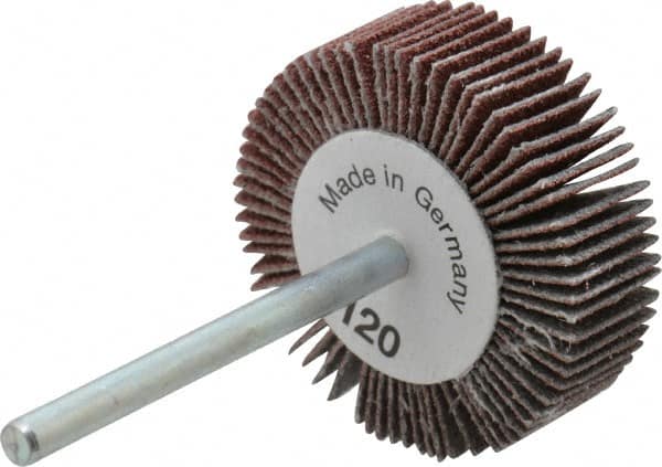 Value Collection - 1-3/16" Diam x 3/8" Face Width, Fine Aluminum Oxide Coated Mounted Flap Wheel - 1/8" Shank Mount, 120 Grit, X Weighted Cloth Backing, 30,000 Max RPM - Exact Tooling