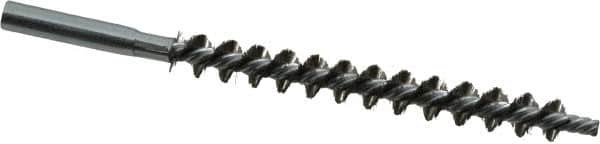Schaefer Brush - 4" Brush Length, 7/16" Diam, Double Stem, Single Spiral Tube Brush - 6-1/4" Long, Stainless Steel, 12-24 Female Connection - Exact Tooling