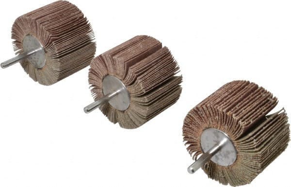 Value Collection - 3 Piece Abrasive Flap Sanding Wheel Kit - 60, 80 & 120 Grit, Medium & Fine Grade, 3" Diam x 2" Width x 1/4" Shank Diam - Exact Tooling