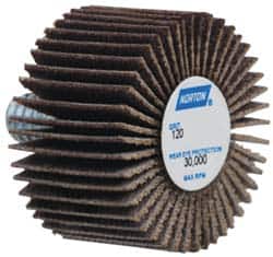 Norton - 1" Diam x 5/8" Face Width, Fine Aluminum Oxide Coated Mounted Flap Wheel - 1/4-20 Threaded Mount, 120 Grit, Cloth Backing, 30,000 Max RPM - Exact Tooling