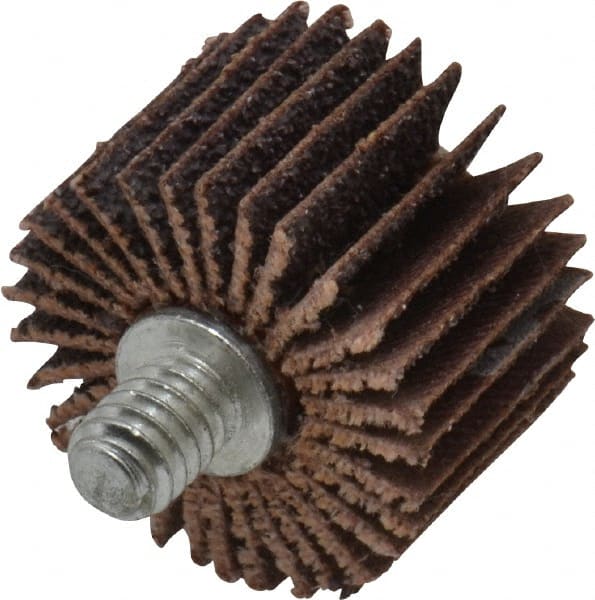 Norton - 1" Diam x 5/8" Face Width, Medium Aluminum Oxide Coated Mounted Flap Wheel - 1/4-20 Threaded Mount, 60 Grit, Cloth Backing, 30,000 Max RPM - Exact Tooling