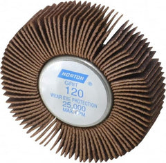 Norton - 2" Diam x 1/2" Face Width, Fine Aluminum Oxide Coated Mounted Flap Wheel - 1/4-20 Threaded Mount, 120 Grit, Cloth Backing, 23,000 Max RPM - Exact Tooling