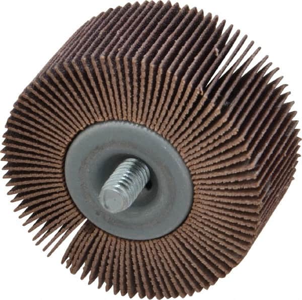 Norton - 2" Diam x 1" Face Width, Fine Aluminum Oxide Coated Mounted Flap Wheel - 1/4-20 Threaded Mount, 120 Grit, Cloth Backing, 23,000 Max RPM - Exact Tooling