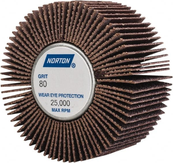 Norton - 2" Diam x 1" Face Width, Medium Aluminum Oxide Coated Mounted Flap Wheel - 1/4-20 Threaded Mount, 80 Grit, Cloth Backing, 23,000 Max RPM - Exact Tooling