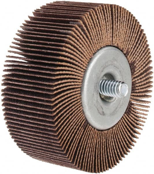 Norton - 2-1/2" Diam x 1" Face Width, Fine Aluminum Oxide Coated Mounted Flap Wheel - 1/4-20 Threaded Mount, 120 Grit, Cloth Backing, 23,000 Max RPM - Exact Tooling
