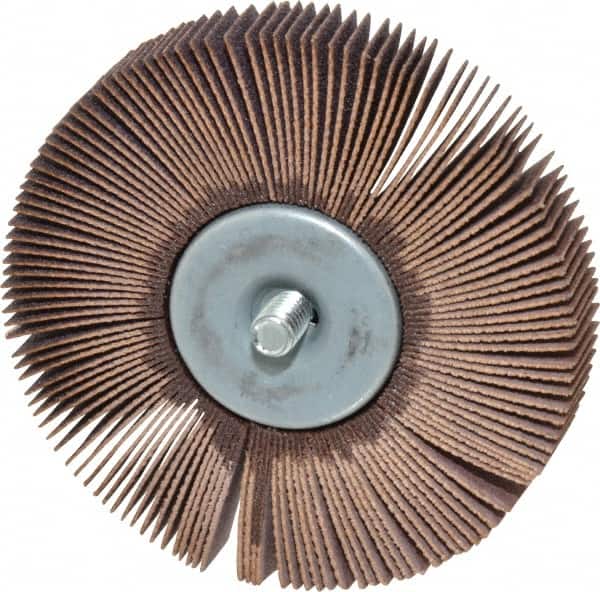 Norton - 3" Diam x 1/2" Face Width, Fine Aluminum Oxide Coated Mounted Flap Wheel - 1/4-20 Threaded Mount, 120 Grit, Cloth Backing, 20,000 Max RPM - Exact Tooling