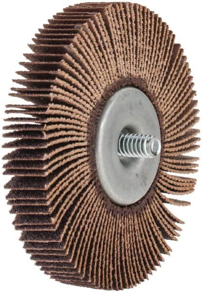 Norton - 3" Diam x 1/2" Face Width, Medium Aluminum Oxide Coated Mounted Flap Wheel - 1/4-20 Threaded Mount, 80 Grit, Cloth Backing, 20,000 Max RPM - Exact Tooling