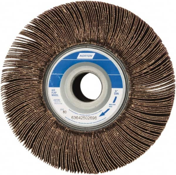 Norton - 6" Diam, 80 Grit Aluminum Oxide Unmounted Flap Wheel - 1" Hole, 3" Wide, Coated, Medium Grade, 6,200 Max RPM , Cloth Backing - Exact Tooling