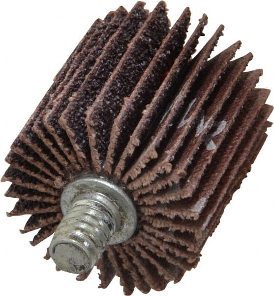 Norton - 1" Diam x 1" Face Width, Medium Aluminum Oxide Coated Mounted Flap Wheel - 1/4-20 Threaded Mount, 60 Grit, Cloth Backing, 30,000 Max RPM - Exact Tooling