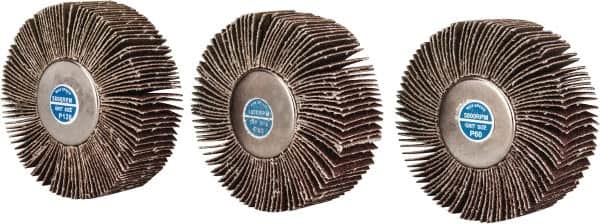 Value Collection - 3 Piece Abrasive Flap Sanding Wheel Kit - 60, 80 & 120 Grit, Medium & Fine Grade, 3" Diam x 1" Wide x 1/4" Shank Diam - Exact Tooling