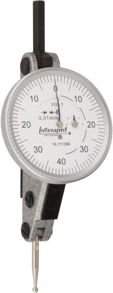 INTERAPID - 1.6 mm Range, 0.01 mm Dial Graduation, Horizontal Dial Test Indicator - 1-1/2 Inch White Dial, 0-40-0 Dial Reading - Exact Tooling