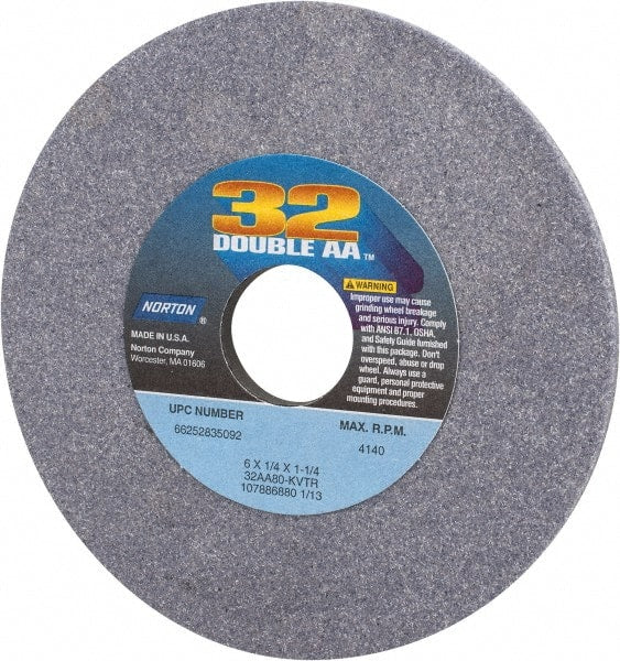Norton - 6" Diam x 1-1/4" Hole x 1/4" Thick, K Hardness, 80 Grit Surface Grinding Wheel - Aluminum Oxide, Type 1, Medium Grade, 4,140 Max RPM, Vitrified Bond, No Recess - Exact Tooling