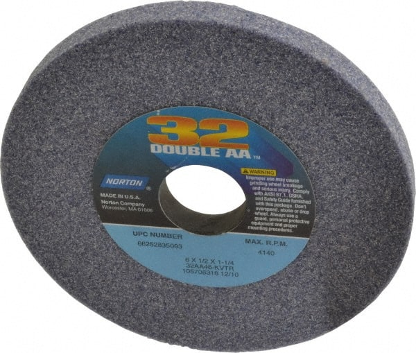 Norton - 6" Diam x 1-1/4" Hole x 1/2" Thick, K Hardness, 46 Grit Surface Grinding Wheel - Aluminum Oxide, Type 1, Coarse Grade, 4,140 Max RPM, Vitrified Bond, No Recess - Exact Tooling