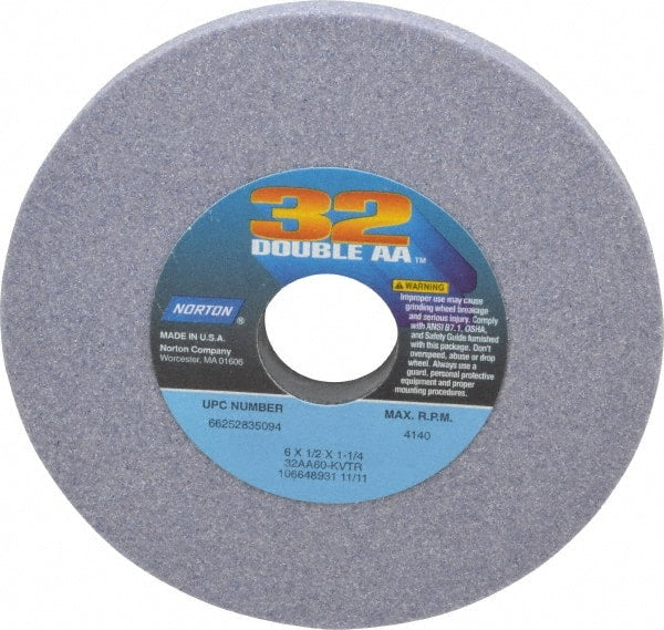 Norton - 6" Diam x 1-1/4" Hole x 1/2" Thick, K Hardness, 60 Grit Surface Grinding Wheel - Aluminum Oxide, Type 1, Medium Grade, 4,140 Max RPM, Vitrified Bond, No Recess - Exact Tooling