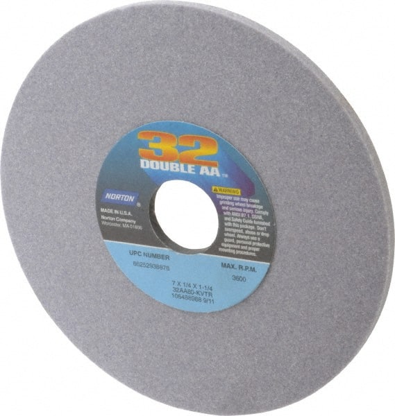 Norton - 7" Diam x 1-1/4" Hole x 1/4" Thick, K Hardness, 80 Grit Surface Grinding Wheel - Aluminum Oxide, Type 1, Medium Grade, 3,600 Max RPM, Vitrified Bond, No Recess - Exact Tooling