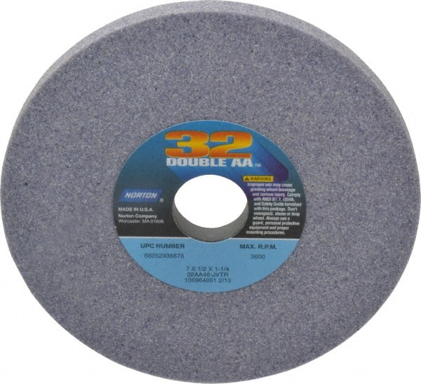 Norton - 7" Diam x 1-1/4" Hole x 1/2" Thick, J Hardness, 46 Grit Surface Grinding Wheel - Aluminum Oxide, Type 1, Coarse Grade, 3,600 Max RPM, Vitrified Bond, No Recess - Exact Tooling