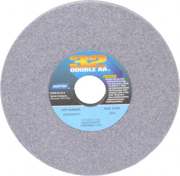 Norton - 7" Diam x 1-1/4" Hole x 1/2" Thick, K Hardness, 46 Grit Surface Grinding Wheel - Aluminum Oxide, Type 1, Coarse Grade, 3,600 Max RPM, Vitrified Bond, No Recess - Exact Tooling