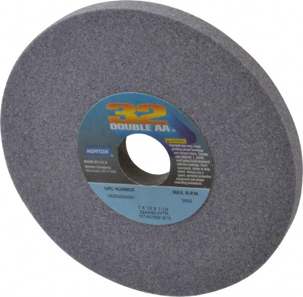 Norton - 7" Diam x 1-1/4" Hole x 1/2" Thick, J Hardness, 60 Grit Surface Grinding Wheel - Aluminum Oxide, Type 1, Medium Grade, 3,600 Max RPM, Vitrified Bond, No Recess - Exact Tooling