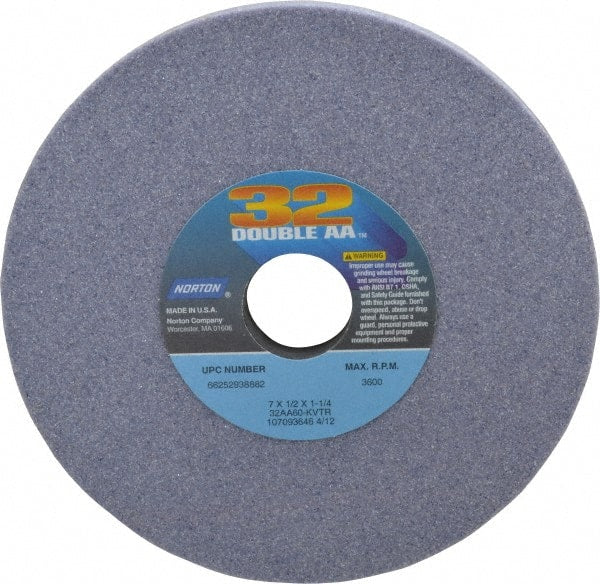 Norton - 7" Diam x 1-1/4" Hole x 1/2" Thick, K Hardness, 60 Grit Surface Grinding Wheel - Aluminum Oxide, Type 1, Medium Grade, 3,600 Max RPM, Vitrified Bond, No Recess - Exact Tooling