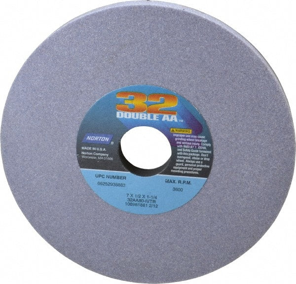 Norton - 7" Diam x 1-1/4" Hole x 1/2" Thick, I Hardness, 80 Grit Surface Grinding Wheel - Aluminum Oxide, Type 1, Medium Grade, 3,600 Max RPM, Vitrified Bond, No Recess - Exact Tooling