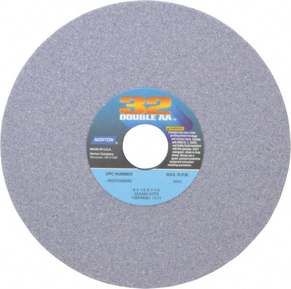 Norton - 8" Diam x 1-1/4" Hole x 1/4" Thick, I Hardness, 60 Grit Surface Grinding Wheel - Aluminum Oxide, Type 1, Medium Grade, 3,600 Max RPM, Vitrified Bond, No Recess - Exact Tooling