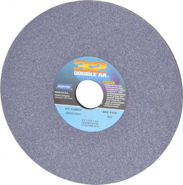 Norton - 8" Diam x 1-1/4" Hole x 1/4" Thick, K Hardness, 80 Grit Surface Grinding Wheel - Aluminum Oxide, Type 1, Medium Grade, 3,600 Max RPM, Vitrified Bond, No Recess - Exact Tooling