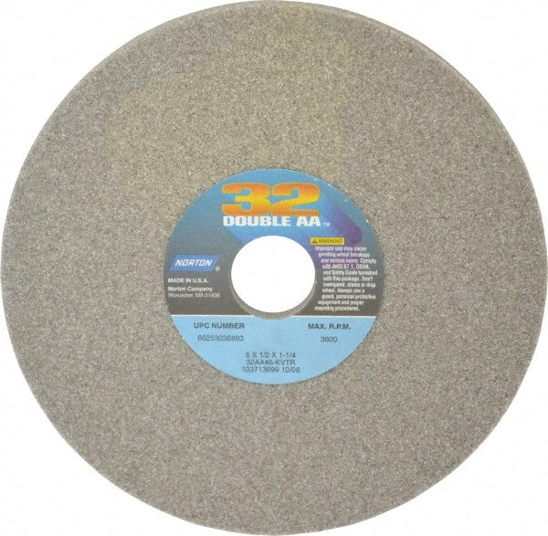 Norton - 8" Diam x 1-1/4" Hole x 1/2" Thick, K Hardness, 46 Grit Surface Grinding Wheel - Aluminum Oxide, Type 1, Coarse Grade, 3,600 Max RPM, Vitrified Bond, No Recess - Exact Tooling