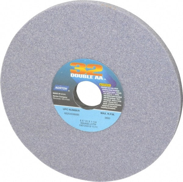 Norton - 8" Diam x 1-1/4" Hole x 1/2" Thick, J Hardness, 60 Grit Surface Grinding Wheel - Aluminum Oxide, Type 1, Medium Grade, 3,600 Max RPM, Vitrified Bond, No Recess - Exact Tooling