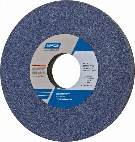 Norton - 12" Diam x 3" Hole x 1" Thick, I Hardness, 60 Grit Surface Grinding Wheel - Aluminum Oxide, Type 1, Medium Grade, 2,070 Max RPM, Vitrified Bond, No Recess - Exact Tooling