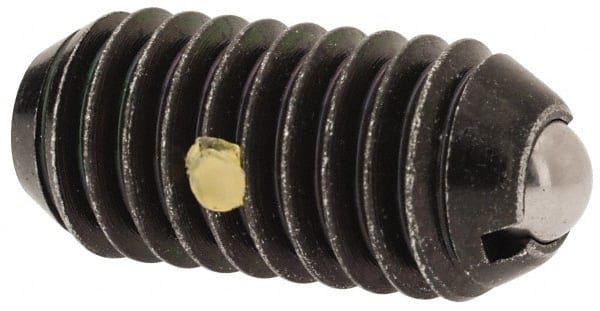 Vlier - 3/8-16, 0.188" Ball Diam, 0.8" Body Length, 0.048" Max Ball Reach, Threaded Ball Plunger - Steel Body, Stainless Steel Ball, 5 Lb Initial End Force, 10 Lb Final End Force, Locking Element - Exact Tooling