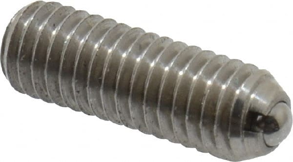 Vlier - 10-32, 0.094" Ball Diam, 0.57" Body Length, 0.025" Max Ball Reach, Threaded Ball Plunger - Stainless Steel Body, Stainless Steel Ball, 1.5 Lb Initial End Force, 3 Lb Final End Force - Exact Tooling