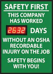 NMC - Safety First - This Company Has Worked ___ Days without an OSHA Recordable Injury - On the Job Safety Begins with You!, 20 Inch Wide x 28 Inch High, Plastic Styrene Sign - Exact Tooling