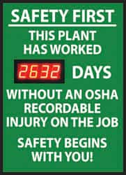 NMC - Safety First - This Plant Has Worked ___ Days without an OSHA Recordable Injury - On the Job Safety Begins with You!, 20 Inch Wide x 28 Inch High, Plastic Styrene Sign - Exact Tooling