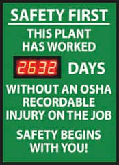 NMC - Safety First - This Plant Has Worked ___ Days without an OSHA Recordable Injury - On the Job Safety Begins with You!, 20 Inch Wide x 28 Inch High, Plastic Styrene Sign - Exact Tooling