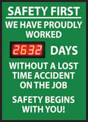 NMC - Safety First - We Have Proudly Worked ___ Days without a Lost Time Accident - On the Job Safety Begins with You!, 20 Inch Wide x 28 Inch High, Plastic Styrene Sign - Exact Tooling