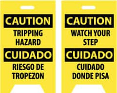 NMC - Caution - Tripping Hazard, Caution - Watch Your Step, 12" Wide x 19" High, Plastic Floor Sign - English/Spanish, A-Frame, Black on Yellow, For Accident Prevention - Exact Tooling