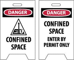NMC - Danger - Confined Space, Danger - Confined Space - Enter by Permit Only, 12" Wide x 19" High, Plastic Floor Sign - A-Frame, Red & Black on White, For Accident Prevention - Exact Tooling