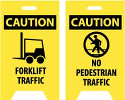 NMC - Caution - Forklift Traffic, Caution - No Pedestrian Traffic, 12" Wide x 19" High, Plastic Floor Sign - A-Frame, Black on Yellow, For Accident Prevention - Exact Tooling