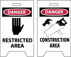 NMC - Danger - Restricted Area, Danger - Construction Area, 12" Wide x 19" High, Plastic Floor Sign - A-Frame, Red & Black on White, For Security & Admittance - Exact Tooling