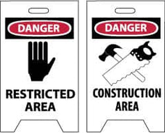 NMC - Danger - Restricted Area, Danger - Construction Area, 12" Wide x 19" High, Plastic Floor Sign - A-Frame, Red & Black on White, For Security & Admittance - Exact Tooling