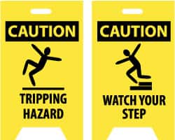 NMC - Caution - Tripping Hazard, Caution - Watch Your Step, 12" Wide x 19" High, Plastic Floor Sign - A-Frame, Black on Yellow, For Accident Prevention - Exact Tooling