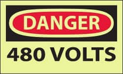NMC - Accident Prevention Label, Header: DANGER - Legend: Danger - 480 Volts, English, Red & Black & Yellow, 5" Long x 3" High, Sign Muscle Finish - Exact Tooling