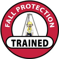 NMC - Fall Protection Trained, Hard Hat Label - Black, Red & Yellow on White, 2" Thick, For Accident Prevention - Exact Tooling