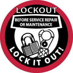 NMC - Lockout Before Service Repair or Maintenance - Lock It Out, Hard Hat Label - Black & Red on White, 2" Thick, For Accident Prevention - Exact Tooling