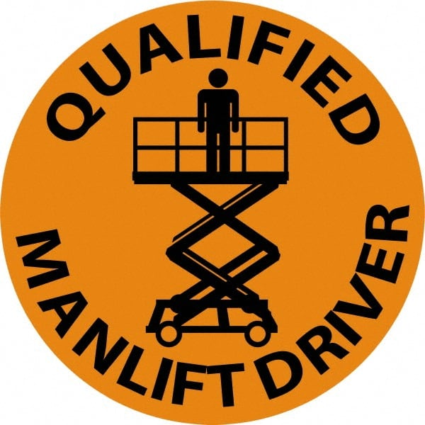 NMC - Qualified Man Lift Driver, Hard Hat Label - Black on Orange, 2" Thick, For Certified Operator - Exact Tooling